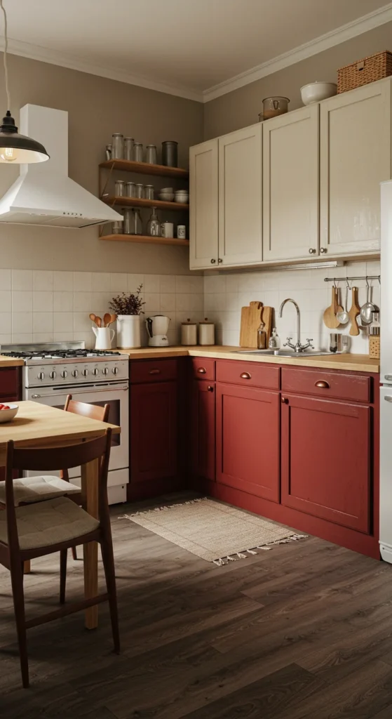 8 Warm Color Palettes for Apartment Kitchens Kitchen with deep red cabinets and wooden accents