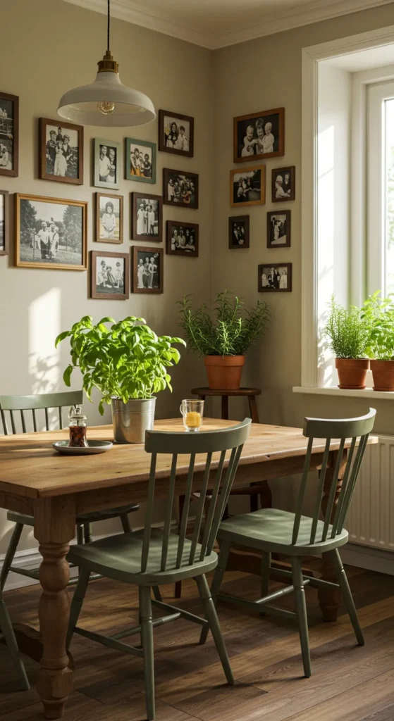 8 kitchen inspirations to Enhance Your Culinary Space Kitchen with family photos, vintage chairs, and herb garden