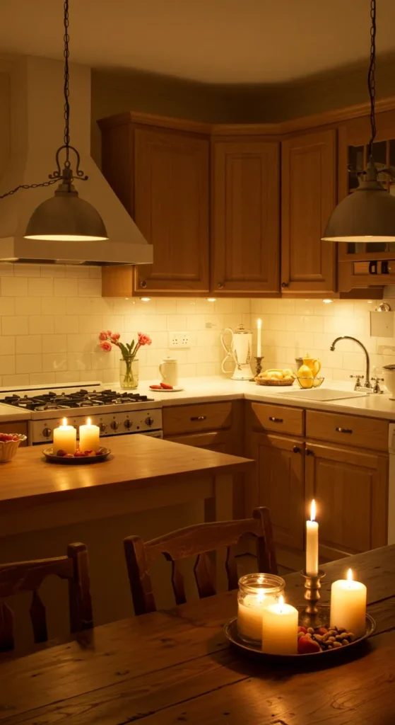 11 Cozy Kitchen Ideas to Warm Up Your Cooking Space Kitchen with layered warm lighting