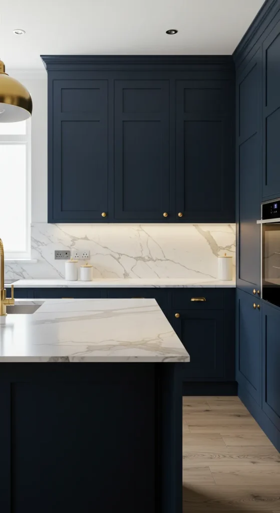 6 Trending Kitchen Cabinet Color ideas for Modern Homes Kitchen with navy blue cabinets and white marble countertops