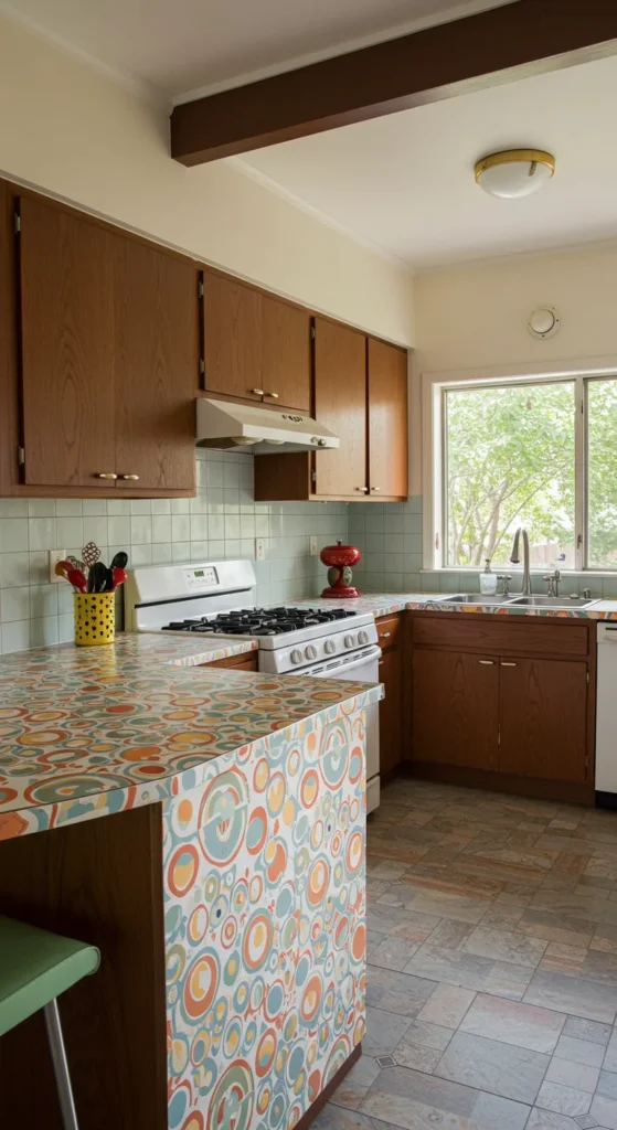 7 Mid-Century Modern Kitchen Fixture Ideas to Try Kitchen with retro-style bold countertops and wood cabinets