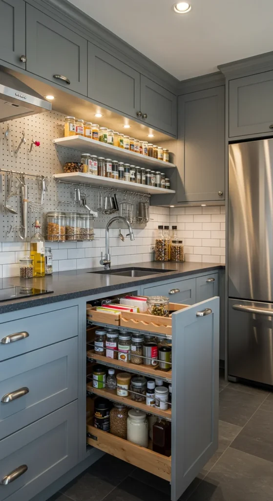 6 Simple Kitchen Design Ideas You'll Love at First Sight Kitchen with smart storage solutions like pull-out drawers and pegboard