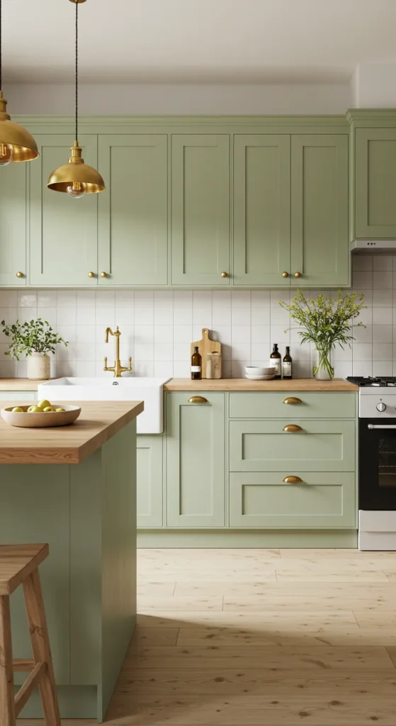 7 Green Kitchen Cabinet Ideas You’ll Want to Copy Kitchen with soft sage green cabinets and wooden accents