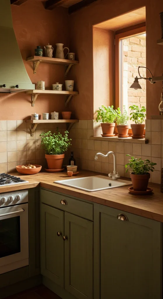 8 Warm Color Palettes for Apartment Kitchens Kitchen with terracotta walls and olive green cabinets