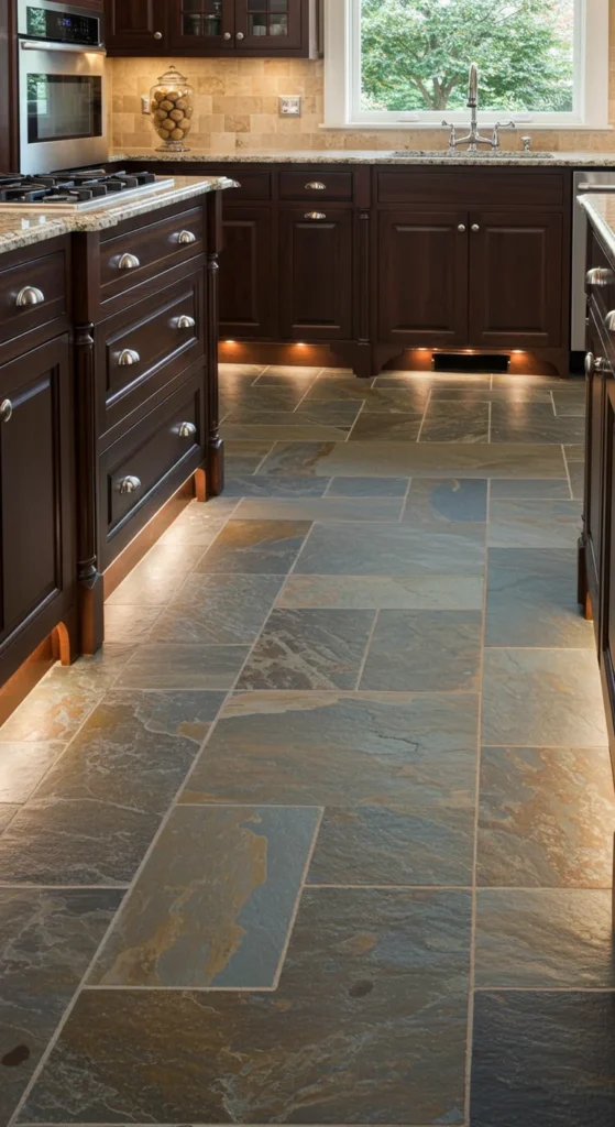 7 Classic Kitchen Flooring Ideas That Never Go Out of Style Kitchen with textured natural slate stone tiles and dark wood cabinets