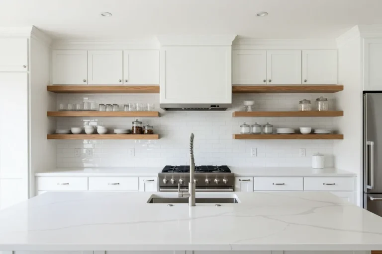 Kitchen with white herringbone subway tile backsplash and wood shelves