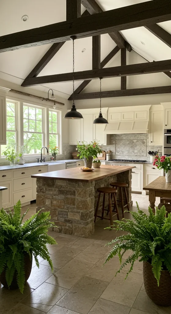 8 Irresistible Moody Kitchen Ideas Kitchen with wood beams, stone island, and plants