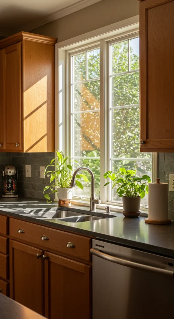 Kitchen with wood finishes and potted plants