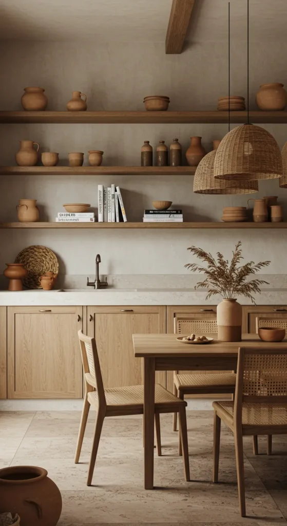 Kitchen with wood shelves and stone countertops