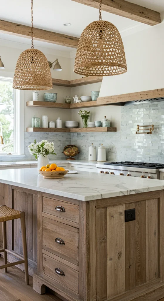 Kitchen with wood shelves, marble counters, and rattan lights