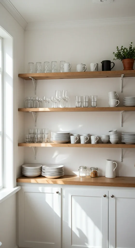 Kitchen with wooden open shelves and natural light