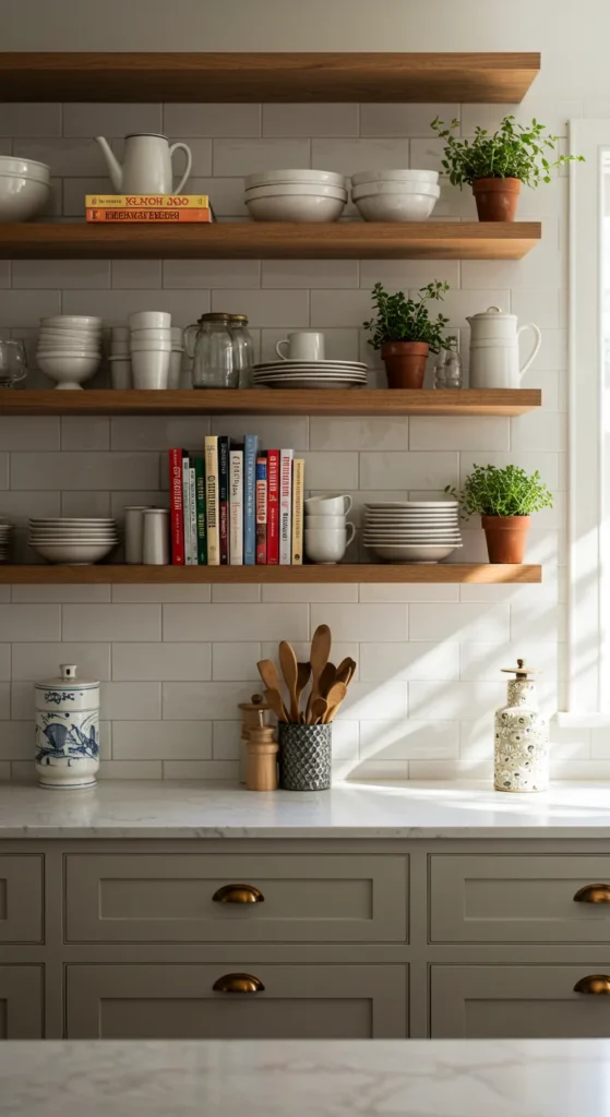 9 Kitchen Aesthetic Ideas That Will Instantly Transform Your Space Kitchen with wooden open shelves and white tiles