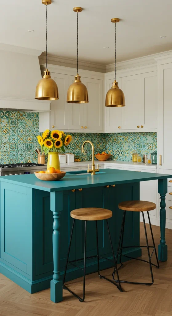 6 Innovative L-Shaped Kitchens with Island Concepts L-shaped kitchen with teal island and gold lighting fixtures