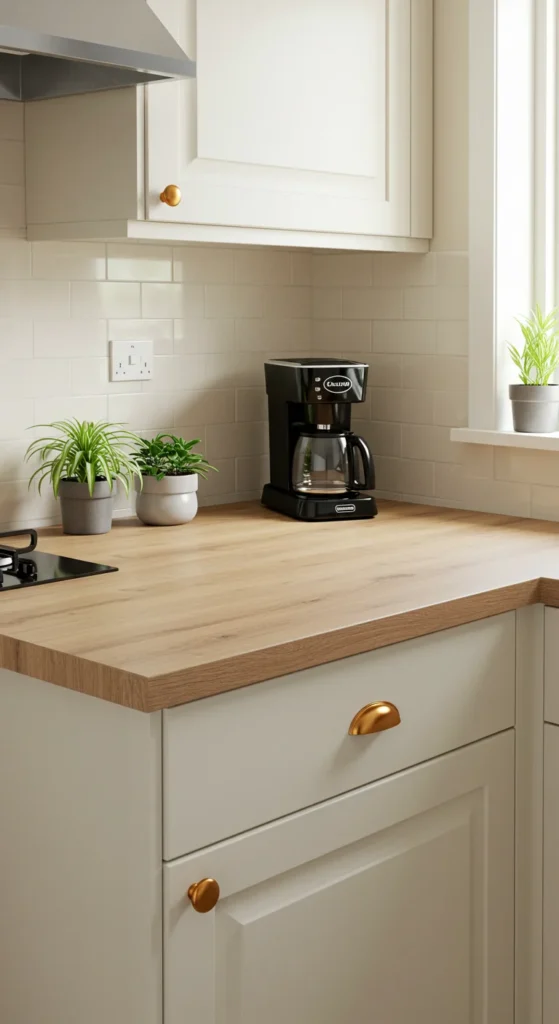 6 Kitchen Countertop Materials You Must Know Laminate countertop mimicking wood grain in a cozy, budget kitchen