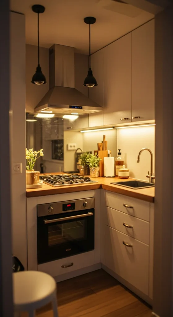 7 Small Kitchen Decor Ideas That Don’t Skip On Style Layered lighting and mirror backsplash in a bright small kitchen