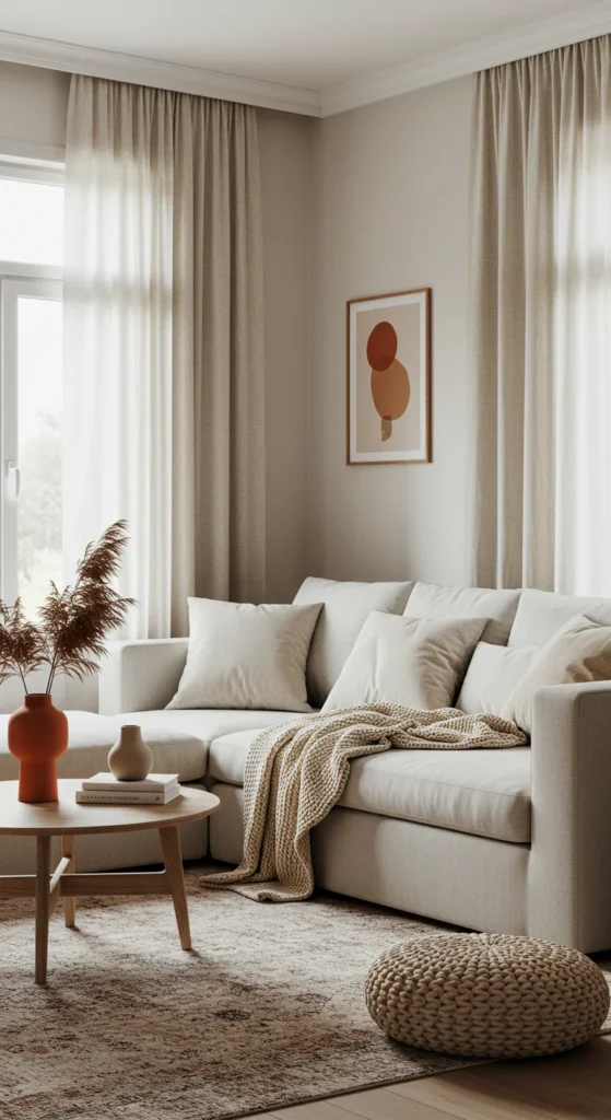 6 Minimalist Living Room Ideas for Timeless Style Layered neutral tones with earthy accents in a minimalist room