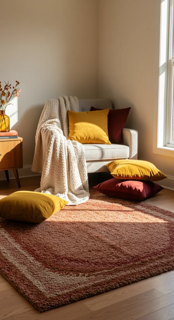 8 Living Room Interior Design Trends Layered textiles in a warm, cozy small living room