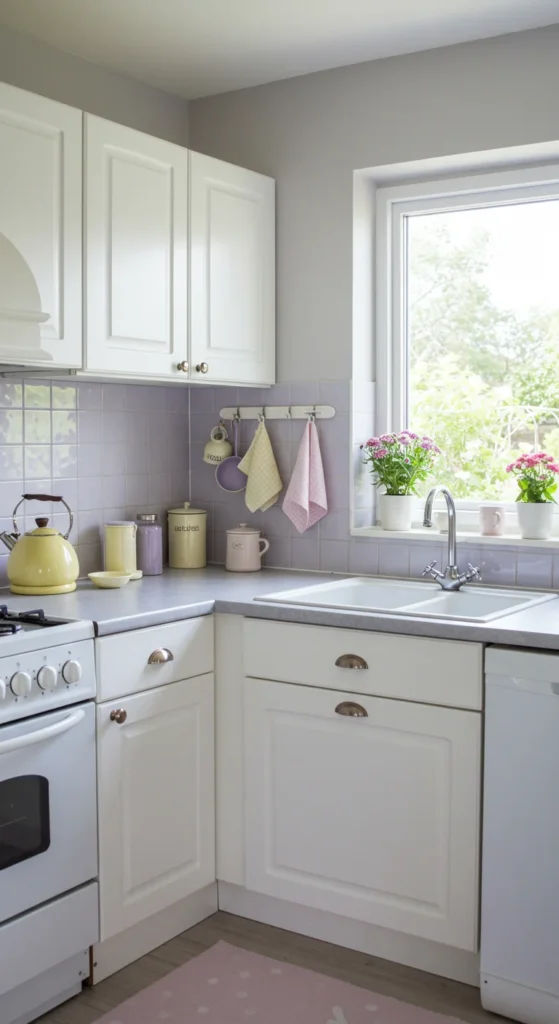 10 Creative Mini Kitchen Ideas for Small Spaces Light-colored small kitchen with white cabinets and pastels
