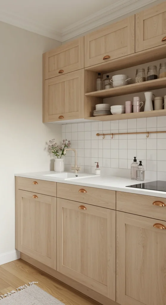 6 Minimalist Kitchen Sets for Small, Stylish Spaces Light wood Scandinavian kitchen with open shelving