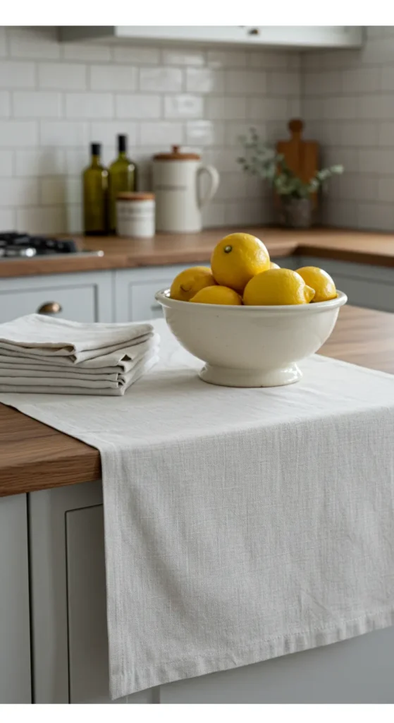 9 Kitchen Counter Decor Ideas That Blend Style & Function Linen runner and towels styled with bowl of lemons