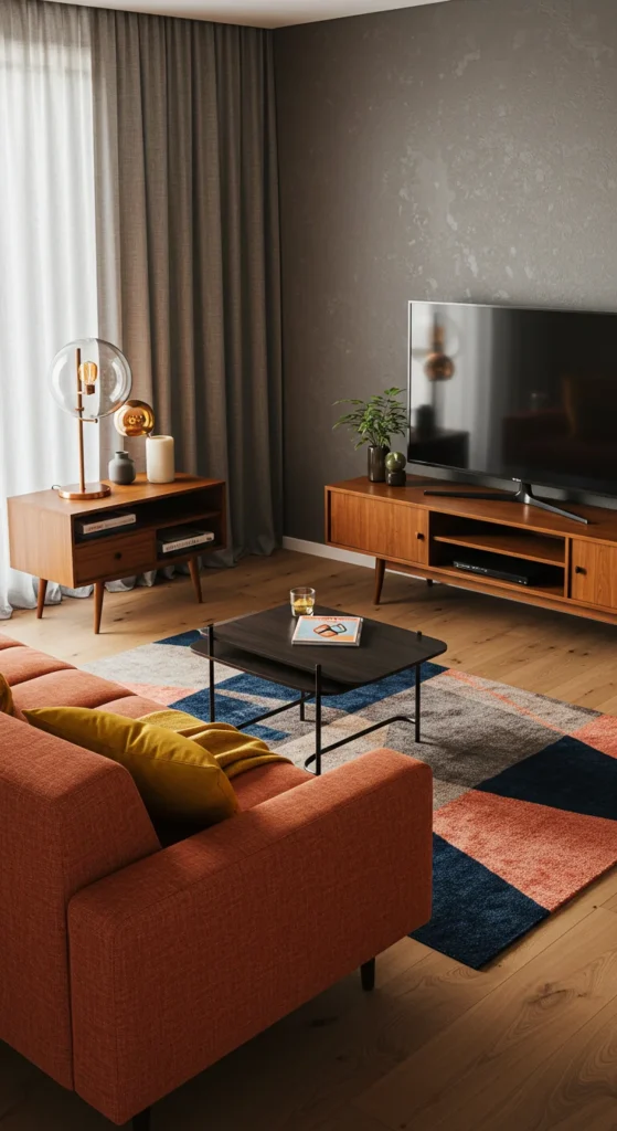 6 Mid Century Modern Living Room Design Tips For A Stylish Home Living room mixing wood, fabric, glass, and metal textures