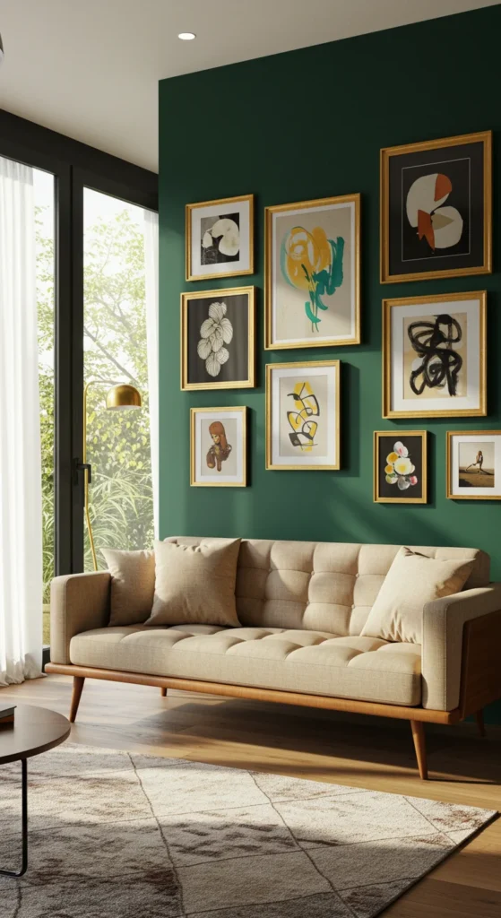 6 Inspirational Living Room Decor Ideas Living room with bold green statement wall and gallery art