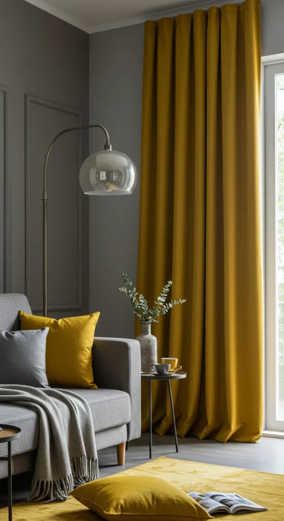 7 Cozy Living Room Curtain Ideas to Elevate Your Space Living room with bold mustard yellow curtains and cozy decor