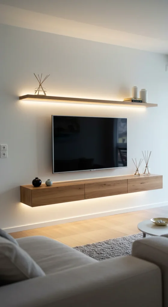 7 Stylish Living Room TV Wall Ideas You’ll Love Living room with floating shelves and mounted TV