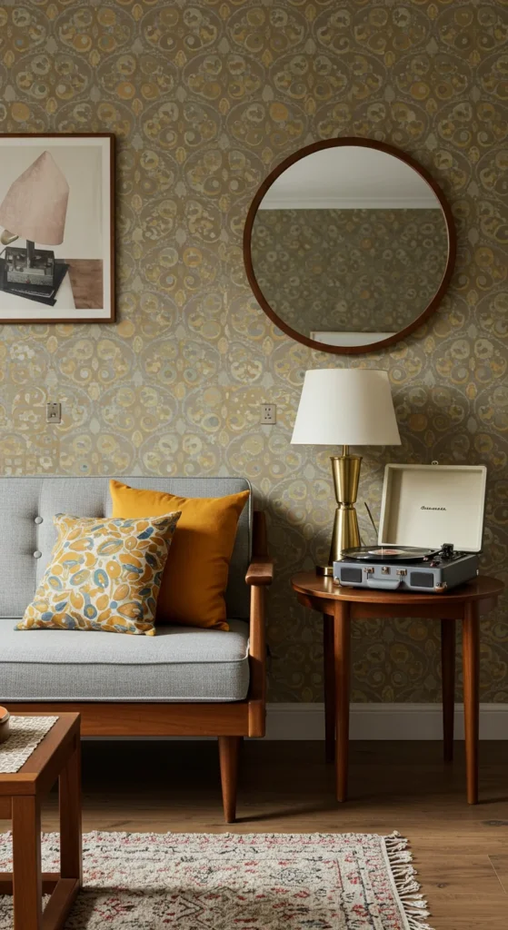 7 Living Room Decor Trends to Try Now Living room with vintage decor and retro color palette