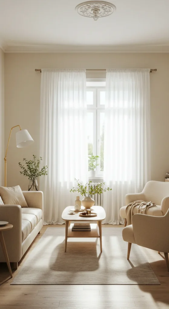 7 Cozy Living Room Curtain Ideas to Elevate Your Space Living room with white sheer curtains and soft natural light