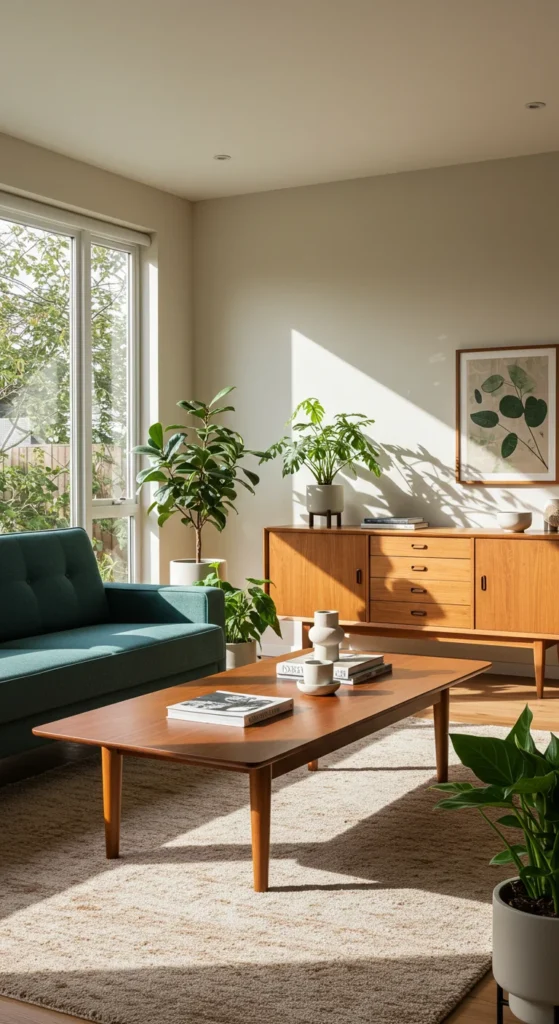6 Mid Century Modern Living Room Design Tips For A Stylish Home Living room with wood furniture and green plants for a natural touch