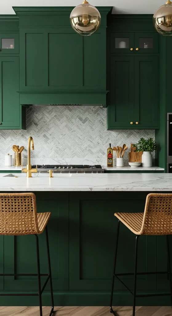 7 Green Kitchen Cabinet Ideas You’ll Want to Copy Luxurious kitchen with forest green cabinets and marble