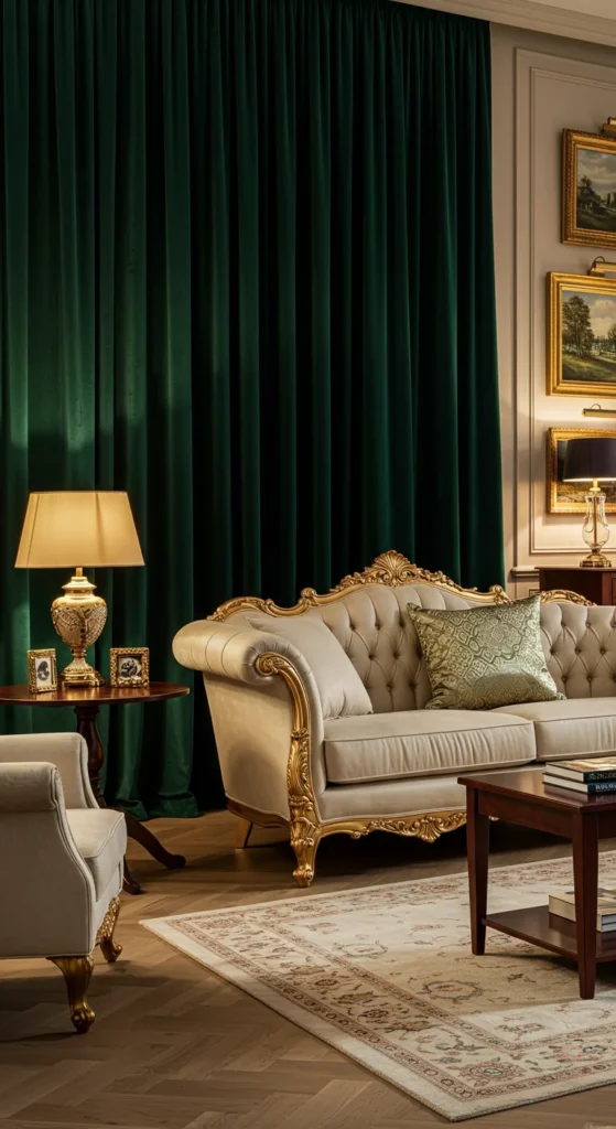 7 Cozy Living Room Curtain Ideas to Elevate Your Space Luxurious living room with emerald green velvet curtains