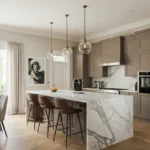 Luxurious modern kitchen with marble island and pendant lights