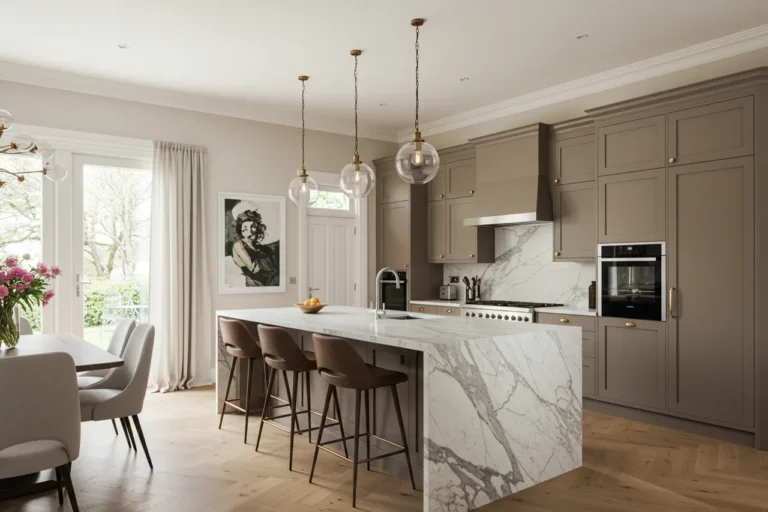 Luxurious modern kitchen with marble island and pendant lights