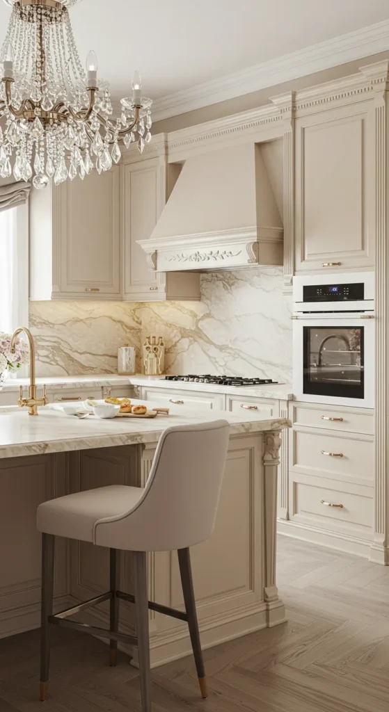 10 Beautiful Beige Kitchens That Inspire Warmth Luxury kitchen with marble and glossy beige finishes