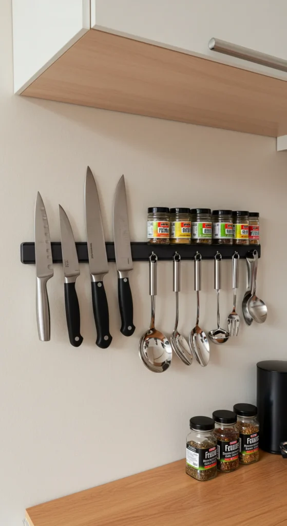 10 Creative Mini Kitchen Ideas for Small Spaces Magnetic strip with kitchen tools and spices on wall