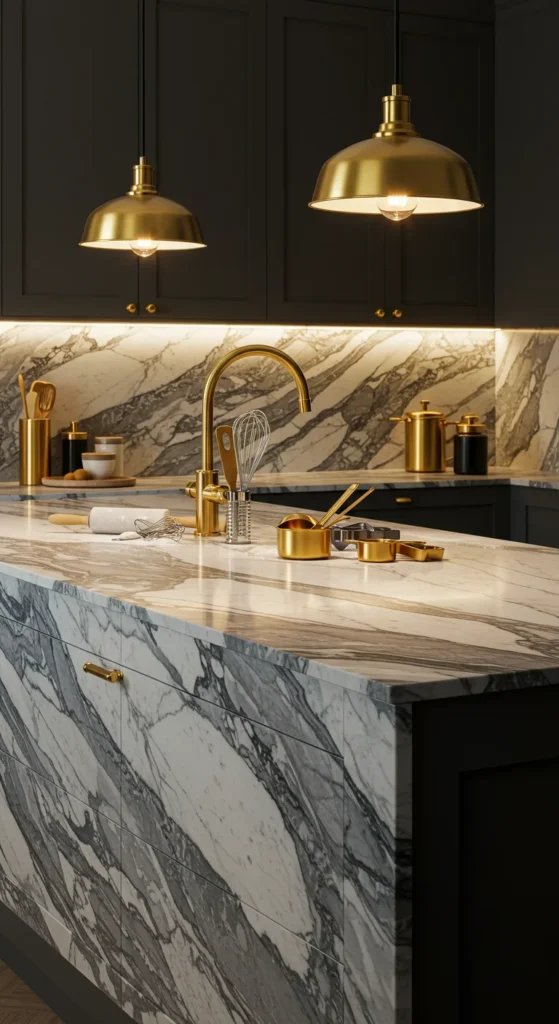 6 Kitchen Countertop Materials You Must Know Marble countertop with dramatic veining in a luxury-style kitchen