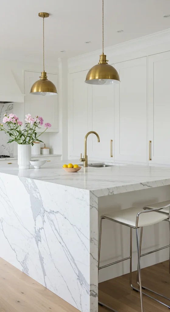 7 Elegant All White Kitchen Ideas to Refresh Your Space Marble countertops with white cabinetry in a modern kitchen