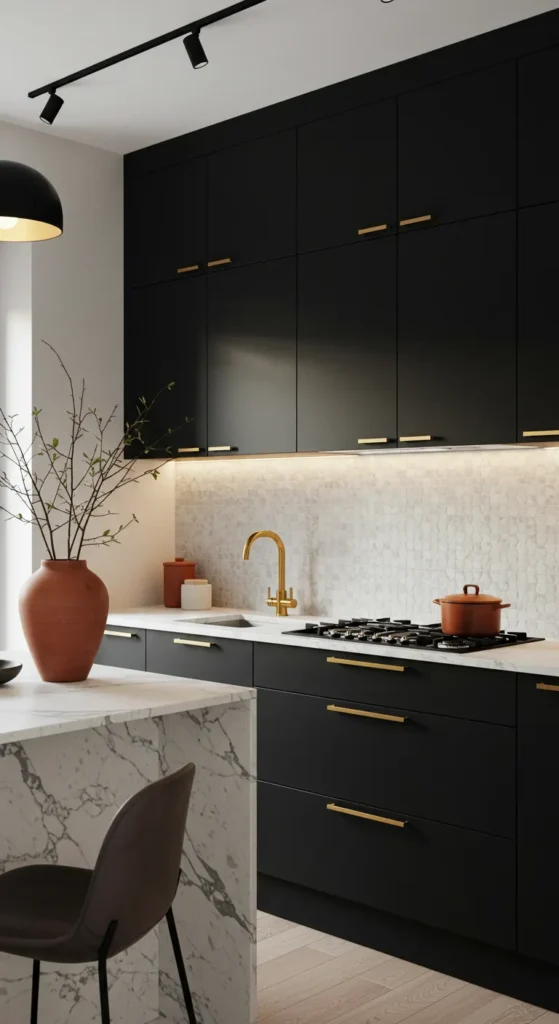 6 Trending Kitchen Cabinet Color ideas for Modern Homes Matte black kitchen cabinets with gold accents and white walls