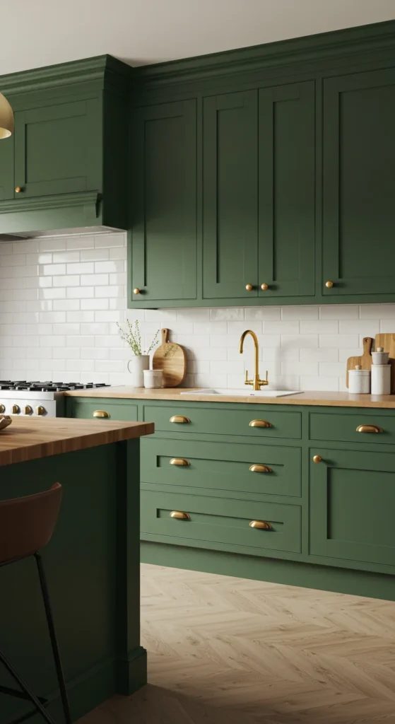 9 Stylish Modern Kitchen Cabinet Designs We Love Matte green kitchen cabinets with brass hardware