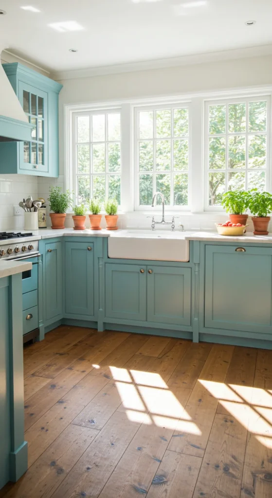 7 Blue Kitchen Ideas to Inspire a Cabinet Refresh Mediterranean blue kitchen with warm wood and coastal accents