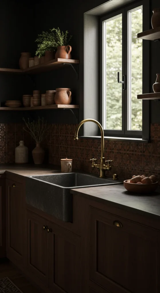 Mediterranean dark kitchen with patterned tiles and warm tones