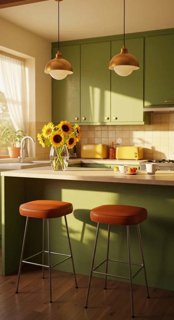 7 Mid-Century Modern Kitchen Fixture Ideas to Try Mid-century kitchen with avocado green and mustard yellow accents