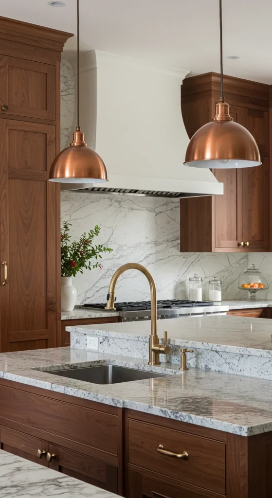7 Mid-Century Modern Kitchen Fixture Ideas to Try Mid-century kitchen with walnut cabinets and marble backsplash