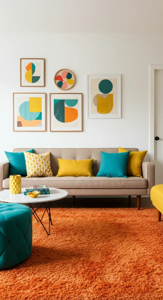 6 Mid Century Modern Living Room Design Tips For A Stylish Home Mid-century living room with colorful accents and bold artwork