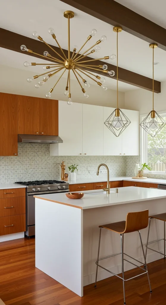 7 Mid-Century Modern Kitchen Fixture Ideas to Try Mid-century modern kitchen with brass geometric lighting fixtures