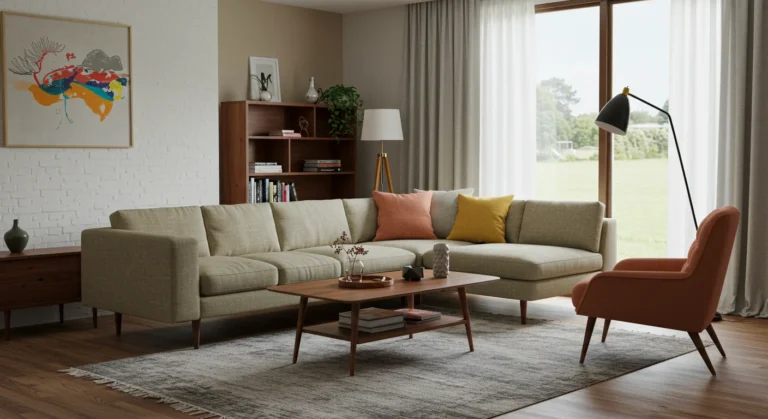 Mid-century modern living room with clean lines and warm accents