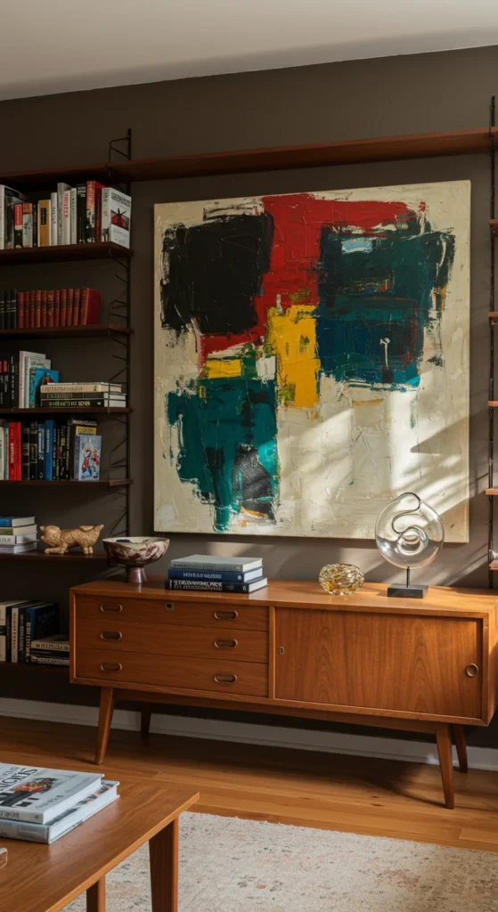 6 Mid Century Modern Living Room Design Tips For A Stylish Home Mid-century space with abstract art and curated accessories