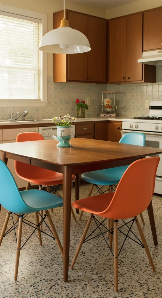 7 Beautiful Kitchen Table Ideas to Upgrade Your Dining Area Mid-century table with colorful chairs and retro decor